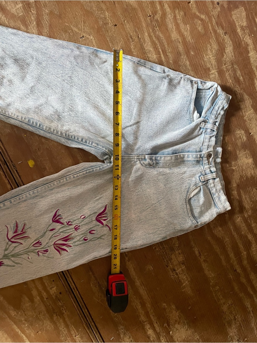 High-Rise Vintage 80’s Acid Wash Jeans with Pink Floral Embroidery - Picture 8 of 9